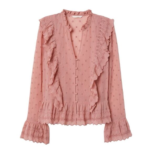 H&M Size 10 Pink Long Sleeve Ruffled Button Down Top Blouse - Picture 2 of 8